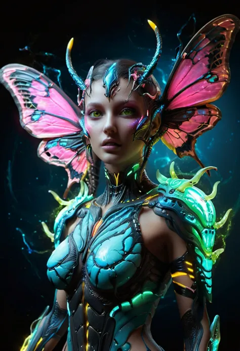 ombre colors of neon pink, neon blue, neon green, neon yellow
Alien female with large beautiful butterfly wings, powerful jaws, beautiful and terrible, flexible body, long snake tail, luminous eyes, Inspired by Stellaris game and Warframe, Dark Souls style  dissolve subsurface scattering, ultra hd, 4k, high def, Photorealistic, Hyperrealistic, Hyper detailed, analog style, realistic, masterpiece, best quality, ultra realistic, 8k, Intricate, High Detail, film photography, soft lighting,  heavy shadow