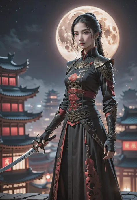 realistic moonlit night scene reveals an enigmatic sight, Chinese female assassin, stands poised on a rooftop, her figure cloake...