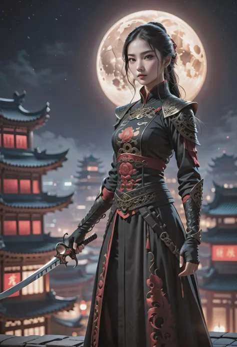 a woman in a black dress holding a sword in front of a full moon