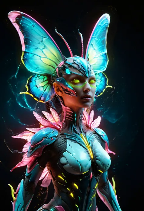 ombre colors of neon pink, neon blue, neon green, neon yellow
Alien female with large beautiful butterfly wings, powerful jaws, ...