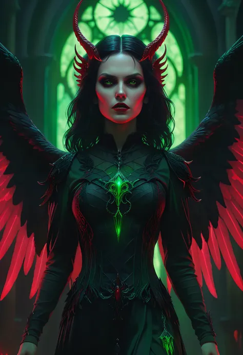 Gothic style demonic woman, dark fantasy, angelic, black angel, light green, saturated colors, moody, red, by Greg Rutkowski and...