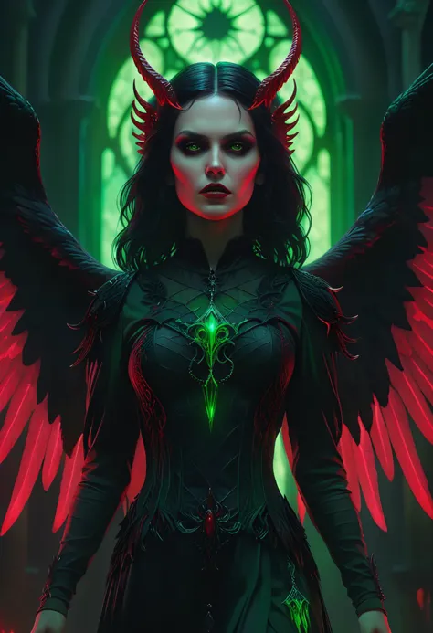 Gothic style demonic woman, dark fantasy, angelic, black angel, light green, saturated colors, moody, red, by Greg Rutkowski and Raymond Swanland, Trending on Artstation, ultra realistic digital art,  