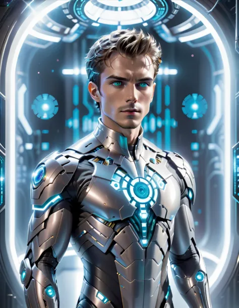 a man in a futuristic suit standing in front of a futuristic door