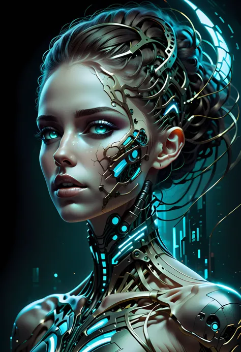 a ilustração digital sintonizada apresenta uma mulher judaica incrivelmente linda, Mulher cyberpunk biomecanicamente. sua pele natural se mistura perfeitamente com seus implantes cibernéticos, criando uma mistura etérea de beleza orgânica e artificial, o plano de estabelecimento captura cada aspecto minúsculo desta obra de arte em sua glória total, mostrando-a como uma verdadeira obra-prima, Inspirada nos estilos de Benedick Bana e Guweiz, esta peça exala um senso de arte incomparável que certamente deixará os espectadores em awe,   