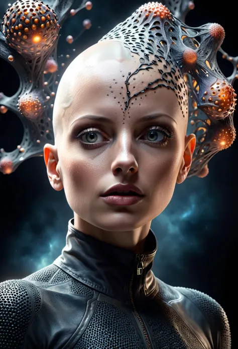 futuristic Conceptual Art of a bald neural network bioengineered woman, solo, dark theme, (in awe:1.2), confident, (surprised:0....