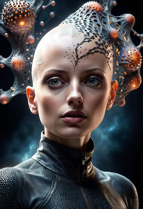 futuristic Conceptual Art of a bald neural network bioengineered woman, solo, dark theme, (in awe:1.2), confident, (surprised:0.7), natural skin, trypophobia:0.8, with background from the side, looking at viewer, cowboy shot, dark nebula background, physically based unbiased rendering, natural lighting, soft shadows, Macabre, Moody Light, colorful,\nstyle of Stan Manoukian\n\nphysically based unbiased rendering, natural lighting, soft shadows, extremely high-resolution details, photographic, realism pushed to extreme, fine texture, 4k,  ultra-detailed, high quality, high contrast,  