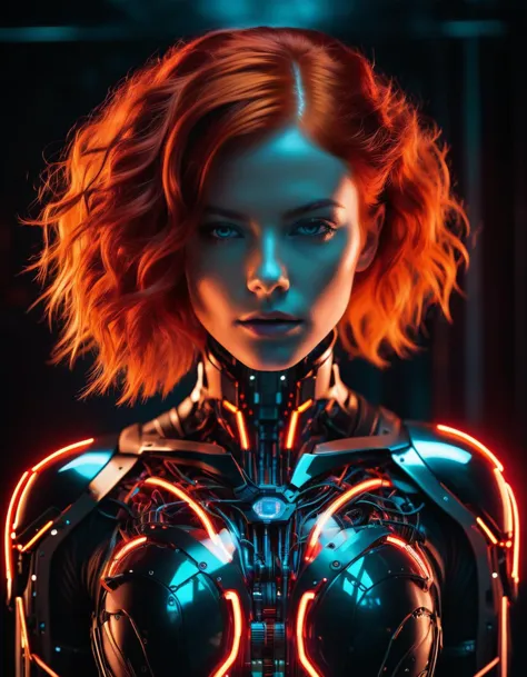 a woman in a futuristic suit with glowing lights on her chest