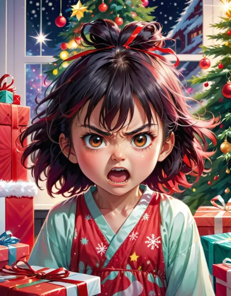 a girl with a surprised look standing in front of a christmas tree