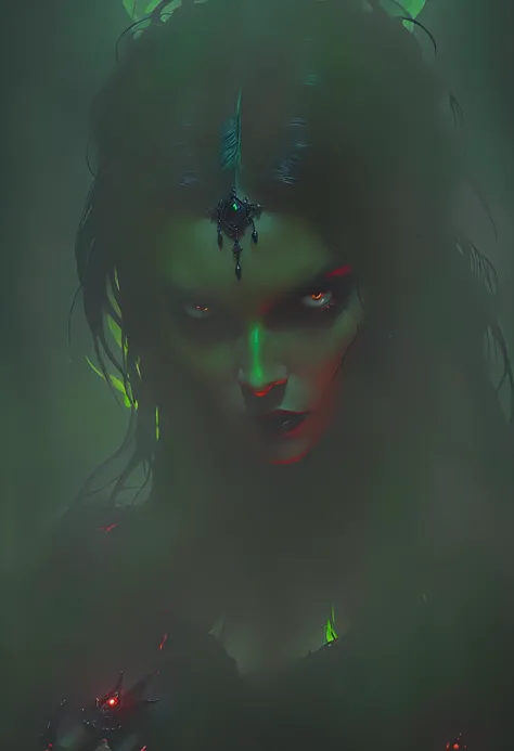 Gothic style demonic woman, dark fantasy, angelic, black angel, light green, saturated colors, moody, red, by Greg Rutkowski and...