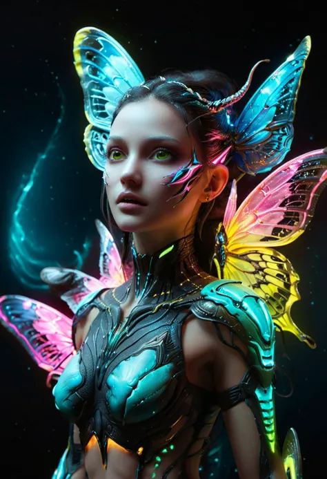 ombre colors of neon pink, neon blue, neon green, neon yellow
Alien female with large beautiful butterfly wings, powerful jaws, beautiful and terrible, flexible body, long snake tail, luminous eyes, Inspired by Stellaris game and Warframe, Dark Souls style  dissolve subsurface scattering, ultra hd, 4k, high def, Photorealistic, Hyperrealistic, Hyper detailed, analog style, realistic, masterpiece, best quality, ultra realistic, 8k, Intricate, High Detail, film photography, soft lighting,  heavy shadow