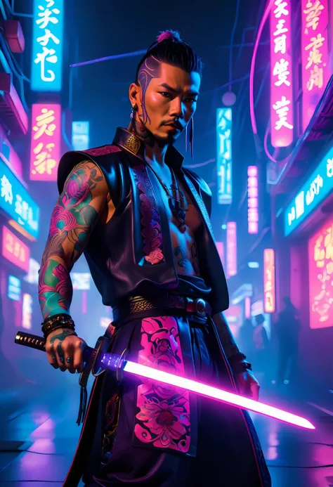 Alerta positivo: Um samurai de rua está confiante e poderoso contra um cenário iluminado por neon, sua pele é adornada com tatuagens brilhantes e intrincadas que brilham na luz fraca, aumentando seu fascínio misterioso, Vestido da cabeça aos pés com moda cyberpunk inspirada no futurismo retrô, ele segura uma impressionante katana de plasma pronta - uma prova de sua habilidade e destreza, o movimentado submundo de Neo-Tóquio à noite, vibra com energia ao seu redor enquanto a música synthwave pulsa no ar,  