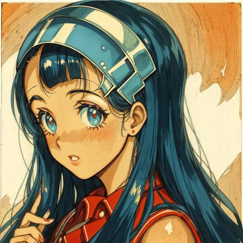 anime girl with blue hair and a blue hat and red shirt