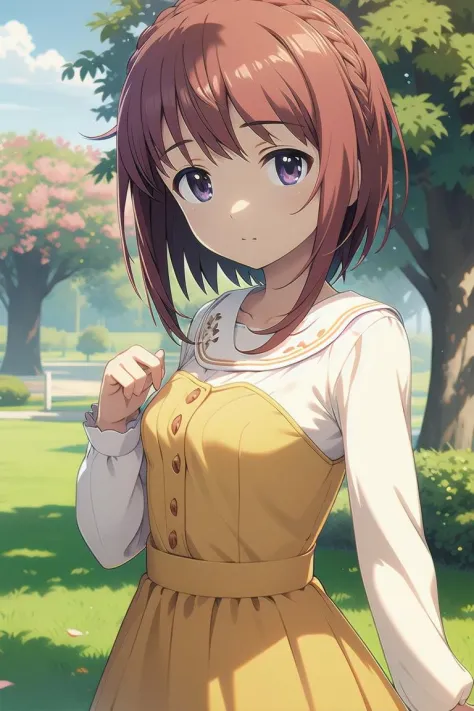 ultra-detailed, high resolution, extremely detailed cg, anime picture,(masterpiece, best quality:1.4), illustration ,1girl, aika, braid, yellow dress, long sleeves, white socks,  park, <lora:aikaAGA:0.8>   <lora:deresute-v1.2:0.3>