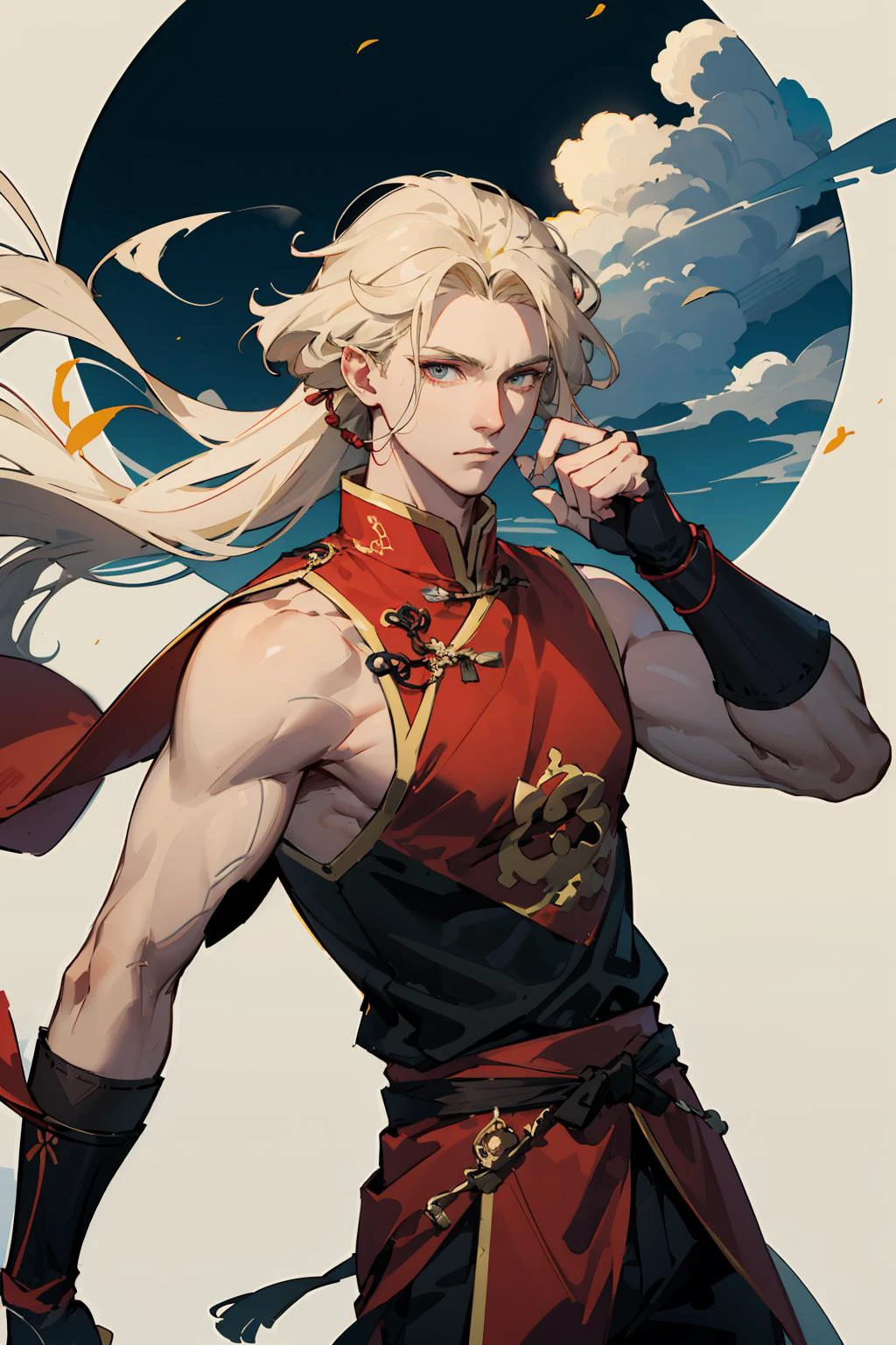 masterpiece, best quality, 1 male, adult, tall muscular, handsome, finely detailed eyes, intricate details, blonde hair,  looking at viewer, solo, half shot, detailed background, detailed face, (high fantasy arcane spellcaster, theme:1.1),  hair flowing in the wind, monk, dynamic pose, fighting stance, clenched fist,  fingerless gloves,  colorful dragon themed clothes, sleeveless fighter clothes, chinese festival in background,  dust cloud,  dynamic composition, epic eastern medieval atmosphere,