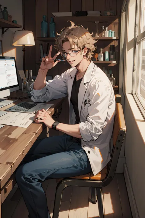 masterpiece, best quality, 1 male, adult, tall muscular, handsome, complicated laboratory, mad scientist, messy hair, forehead, ...