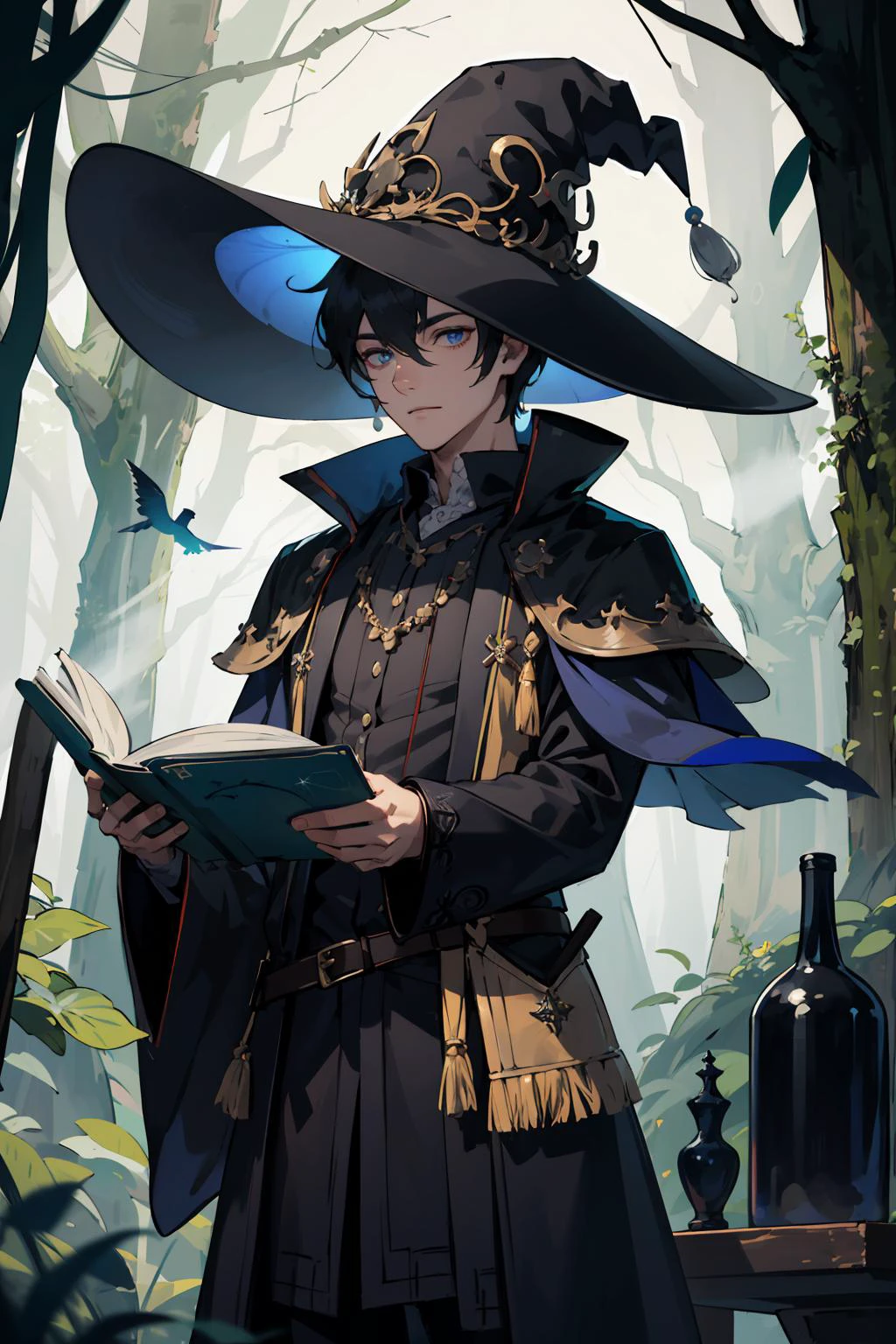 masterpiece, best quality, 1 male, adult, tall muscular, handsome, finely detailed eyes, intricate details, wizard, black hat with a pointed brim, broomstick with a carved handle, spellbook with a variety of spells, potion bottles with various ingredients, enchanted forest with a hidden wizard hut, forest