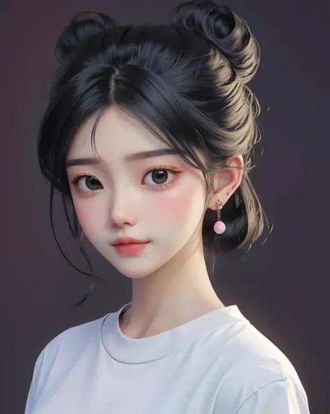 best quality,  cartoon_portrait, 1girl, solo, looking at viewer, simple background, shirt, black hair, brown eyes,  closed mouth, white shirt, upper body, earrings, hair bun,  lips,    <lora:cartoon_portrait_v2:0.7>