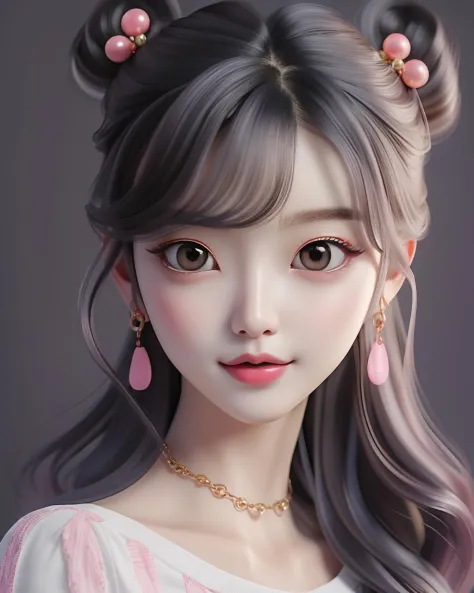 best quality, cartoon_portrait, 1girl, solo, looking at viewer, bangs, brown hair, shirt, brown eyes, upper body, earrings, parted lips, necklace, hair bun, lips, double bun,  lipstick,  red lips, 