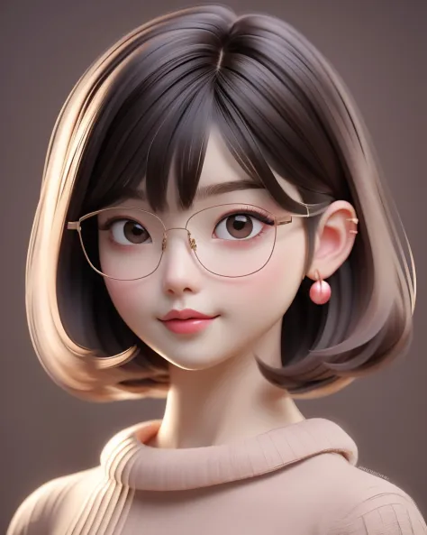 best quality, cartoon_portrait, 1girl, solo, looking at viewer, short hair,  simple background, brown hair, bob cut,  brown eyes,  closed mouth, glasses,  sweater, lips,  swept bangs, brown background,  red lips,  <lora:cartoon_portrait_v2:0.7>