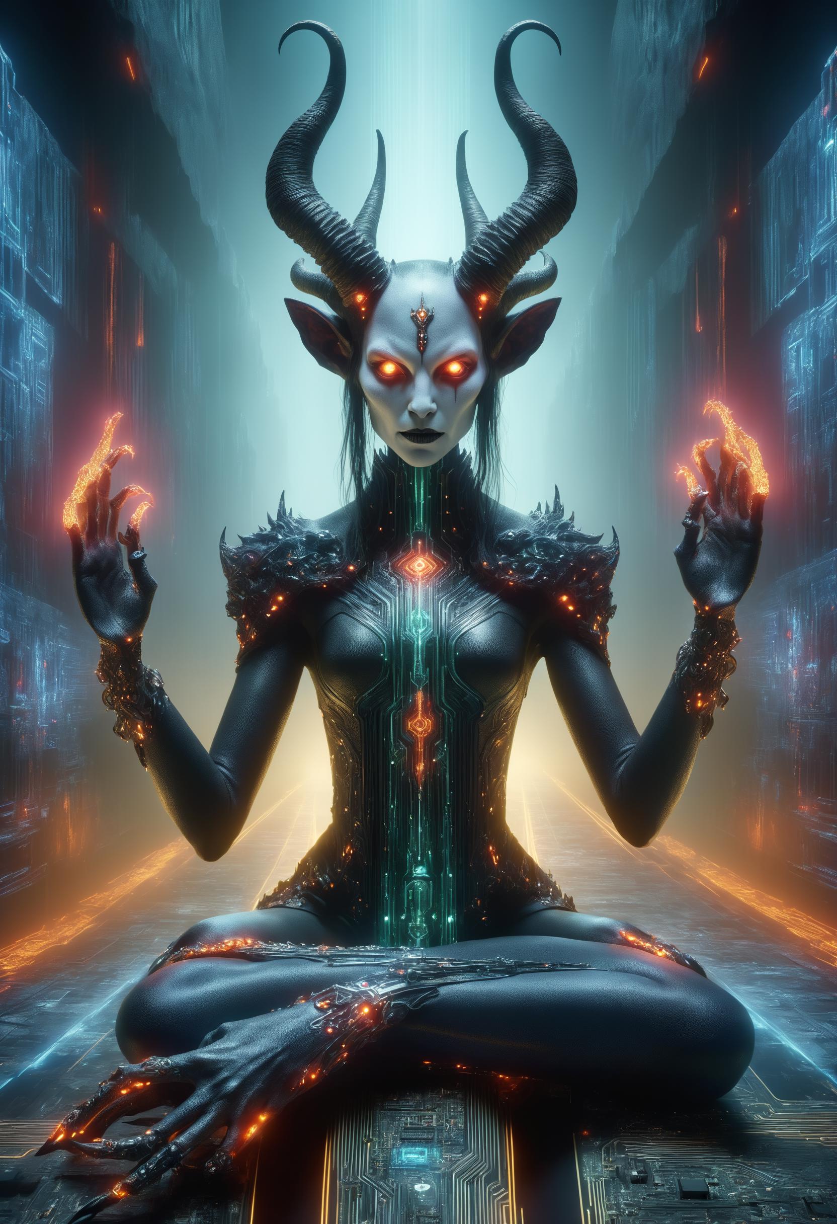 A woman with horns and glowing eyes sitting in a meditation position -  SeaArt AI