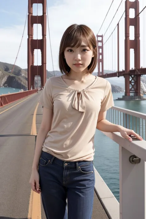<lora:anjou_kozuki_obj20:0.5>, full_body, standing, sandals, (shirt), pants, (golden gate bridge), (anjou_kozuki: 1.2), perfect ...