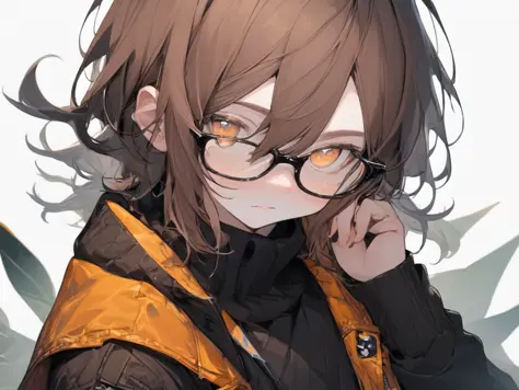 (masterpiece, best quality),1boy, solo, brown hair,  glasses, , looking at viewer, hand up, portrait, orange eyes, white background, hair between eyes, jacket, upper body, black sweater