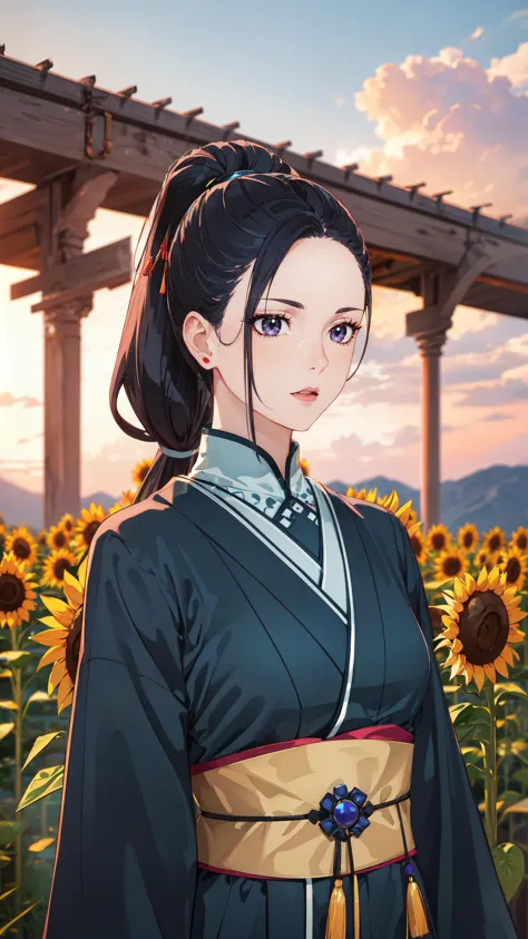 photorealistic, (4k), depth of field, (Masterpiece), (realistic skin texture), extremely detailed, intricate, hyper detailed, professional photography, bokeh, high resolution, sharp detail, best quality, woman, long hair, black hair, ponytail, hairpin, purple eyes, blue kimono, (blue obi), <lora:GoodHands-vanilla:0.4>, <lora:detail_slider_v4:0.8> , dynamic pose, (contrapposto), <lora:Sairitz Kahara-000004:0.7>, (field:1.5), pedals, wind, sunset, open field, (sunflower:1.3), colorful sly, clouds,