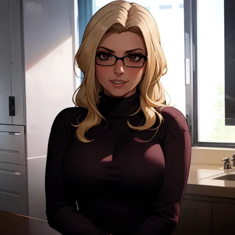 blond woman in glasses standing in a kitchen next to a sink