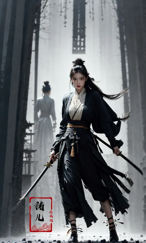 (dramatic, gritty, intense:1.4),masterpiece, best quality, 8k, insane details, intricate details, hyperdetailed, hyper quality, high detail, ultra detailed, Masterpiece,
1girl,solo, hanfu,dress,red ribbon,jewelry,wind,long sleeves,long hair, hair ornament,tassel, (full body:1.1),
holding weapon, sword,
looking at viewerrealisticbamboo groveChinese architecture
A shot with tension(Visual impact,giving the poster a dynamic and visually striking appearance:1.2),Chinese Zen style,impactful picture,
<lora:~Q?-N-VRQswordsman:0.9>