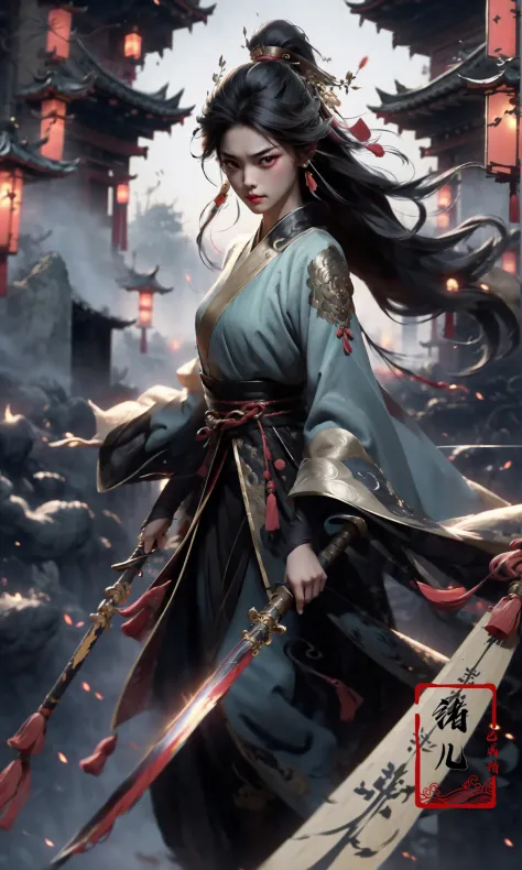 (dramatic, gritty, intense:1.4),masterpiece, best quality, 8k, insane details, intricate details, hyperdetailed, hyper quality, high detail, ultra detailed, Masterpiece,
1girl,solo, hanfu,dress,red ribbon,jewelry,wind,long sleeves,long hair, hair ornament,tassel, (full body:0.8),
holding weapon, sword,
looking at viewerrealisticbamboo groveChinese architecture
A shot with tension(Visual impact,giving the poster a dynamic and visually striking appearance:1.2),Chinese Zen style,impactful picture,
