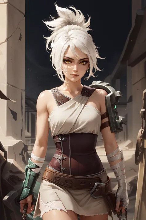 (masterpiece, best quality),  intricate details,
1girl,    <lora:Riven-000016:1> riven \(league of legends\), folded ponytail, short dress, coreset, single pauldron, white hair, black eyeshadow, bare shoulders,yellow eyes,