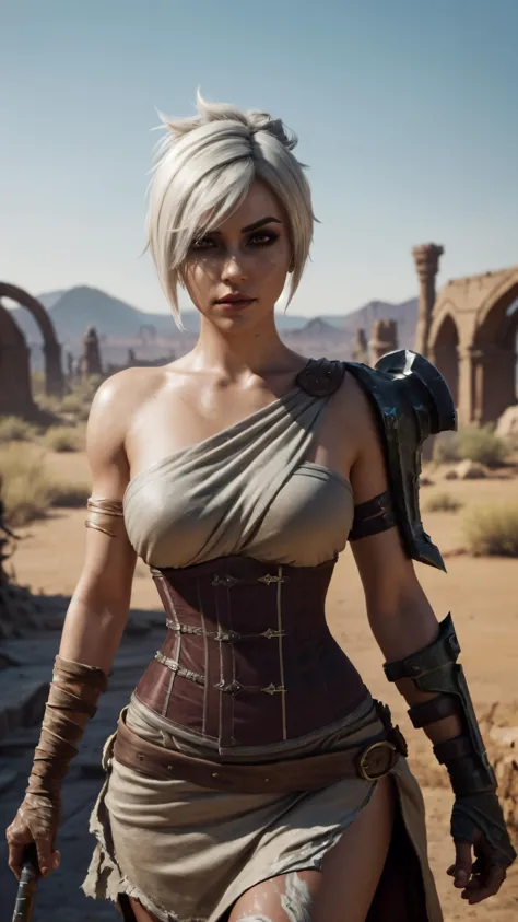 dressed as Riven, riven \(League of Legends\), best quality, masterpiece, illustration, (realistic, photo-realistic:1.37), amazing, finely detail, incredibly absurdres, huge filesize, ultra-detailed, highres, extremely detailed CG unity 8k wallpaper, ray tracing, 1girls, huge breasts, An artistic painting of Riven from League of Legends with broken big sword, wearing a short dress, corset,bare shoulders. She has short white hair in a folded ponytail. Riven is looking directly at the viewer with bright caramel eyes with black eyeshadow and pink lips parted slightly. The background is desert ruins., 24mm, 4k textures, soft cinematic light, adobe lightroom, photolab, hdr, intricate, elegant, highly detailed, sharp focus, ((((cinematic look)))), soothing tones, insane details, intricate details, hyperdetailed, low contrast, soft cinematic light, exposure blend, hdr, faded, (painted lips:1.1), ((looking straight at the camera:1.1))