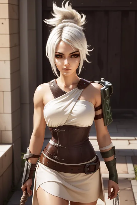 (masterpiece, best quality),  intricate details,
1girl,    <lora:Riven-000016:1> riven \(league of legends\), folded ponytail, short dress, coreset, single pauldron, white hair, black eyeshadow, bare shoulders,yellow eyes,