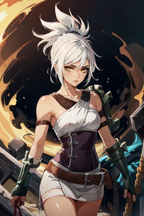 a woman with white hair and a corset holding a sword