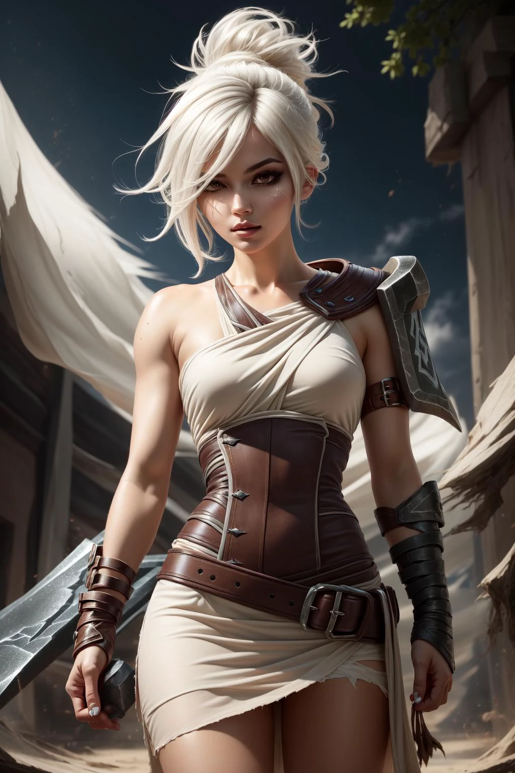 (Masterpiece:1.2), best quality, riven \(league of legends\), 1girl, folded ponytail, short dress, coreset, single pauldron, white hair, black eyeshadow, bare shoulders, upper body, potrait