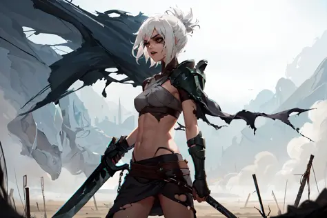 <lora:Riven-000016:.85>, riven \(league of legends\), 1girl, solo, white hair, black eyeshadow, (from side:1.2), walking, looking away, teeth, torn clothes, (stomach:1.1), weapon, sword, holding weapon, wasteland