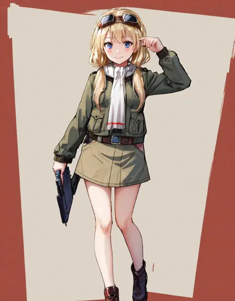 <lora:Carla-10:0.8>  1Girl , Solo , Carla , blonde hair , military uniform , goggles on head , jacket , scarf , smile , blue eyes , full body , low twintails ,