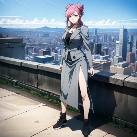 anime girl with pink hair standing on a ledge overlooking a city