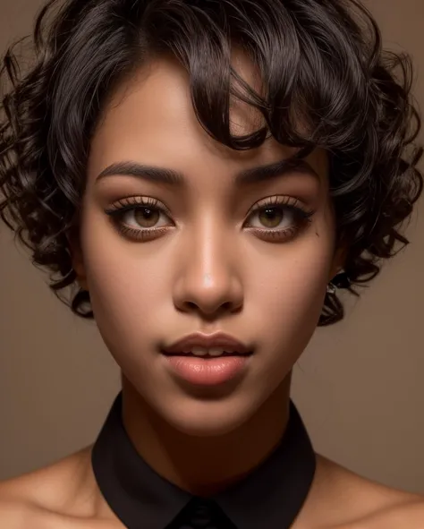 a close up of a woman with a black tie and a black shirt