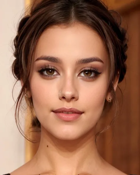 a close up of a woman with a black dress and a necklace