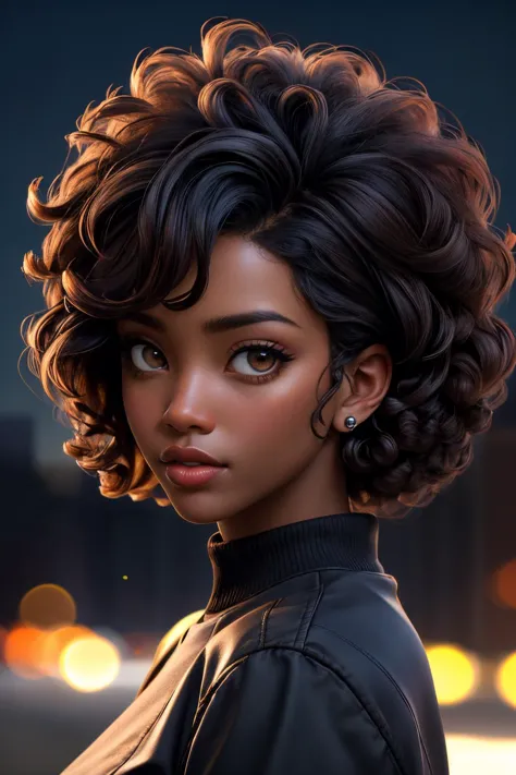 <lora:Sexy-American-Black:1> light brown eyes, afro curly black hair, dark skin, full lips, solo, looking at viewer, city background, blurred background, bokeh, deep of field, kkw-ph1, <lora:LORA-XenoDetailer-v2:1>