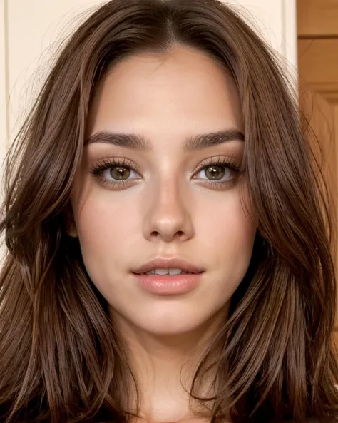 a close up of a woman with long brown hair and a black top