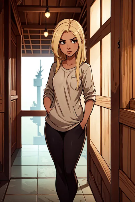 ((crane shot:1.3)), epiCPhoto, young-woman, sexy, blonde long hair, brown eyes, (tanned skin:1.2), (Tunic top and leggings), ((s...