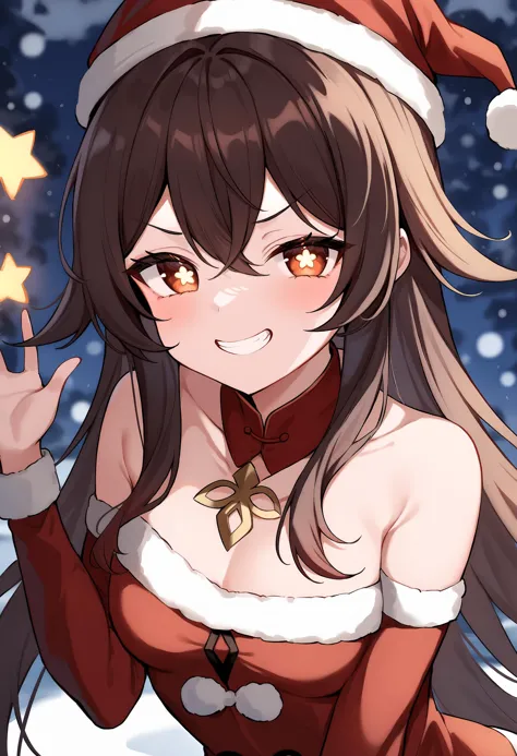 anime girl in santa outfit with stars and snow