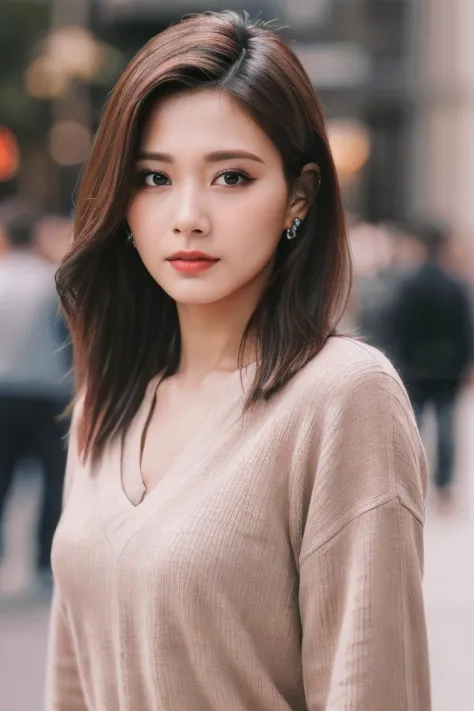 a woman, (realistic), (hyperrealism), (photorealistic), depth of field, eye makeup:0.5, (upper body:1.2), (narrow waist:0.7), looking at the viewer, casual outfit, at the city streets, <lora:httptzuyu:0.45>