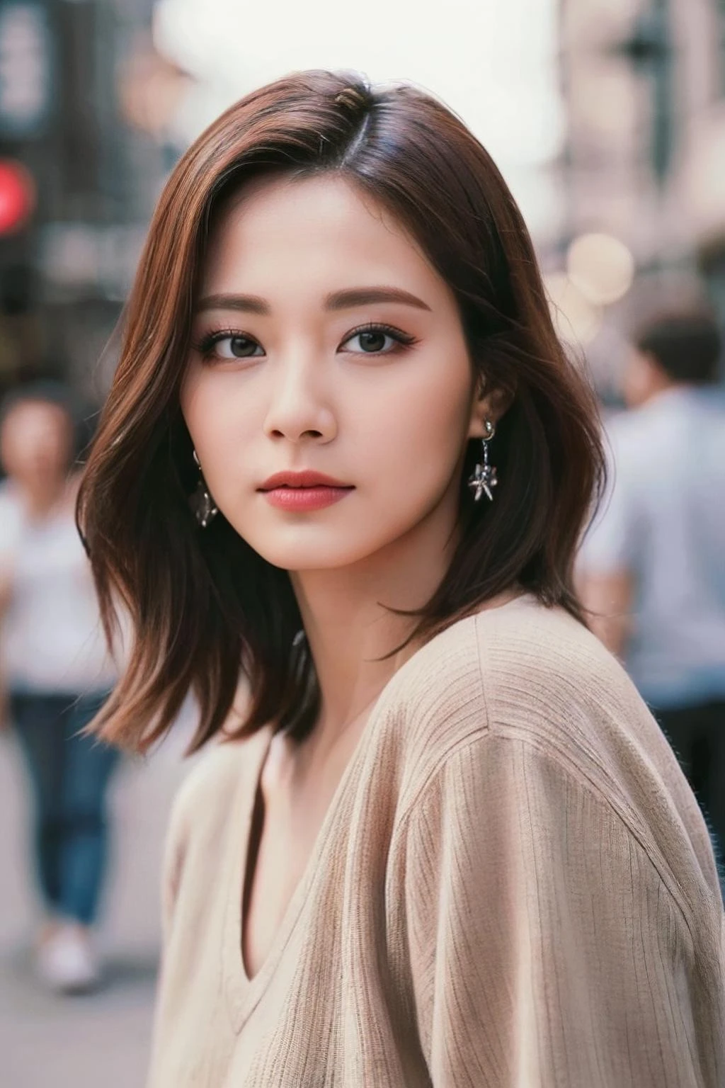 a woman, (realistic), (hyperrealism), (photorealistic), depth of field, eye makeup:0.5, (upper body:1.2), (narrow waist:0.7), looking at the viewer, casual outfit, at the city streets, 