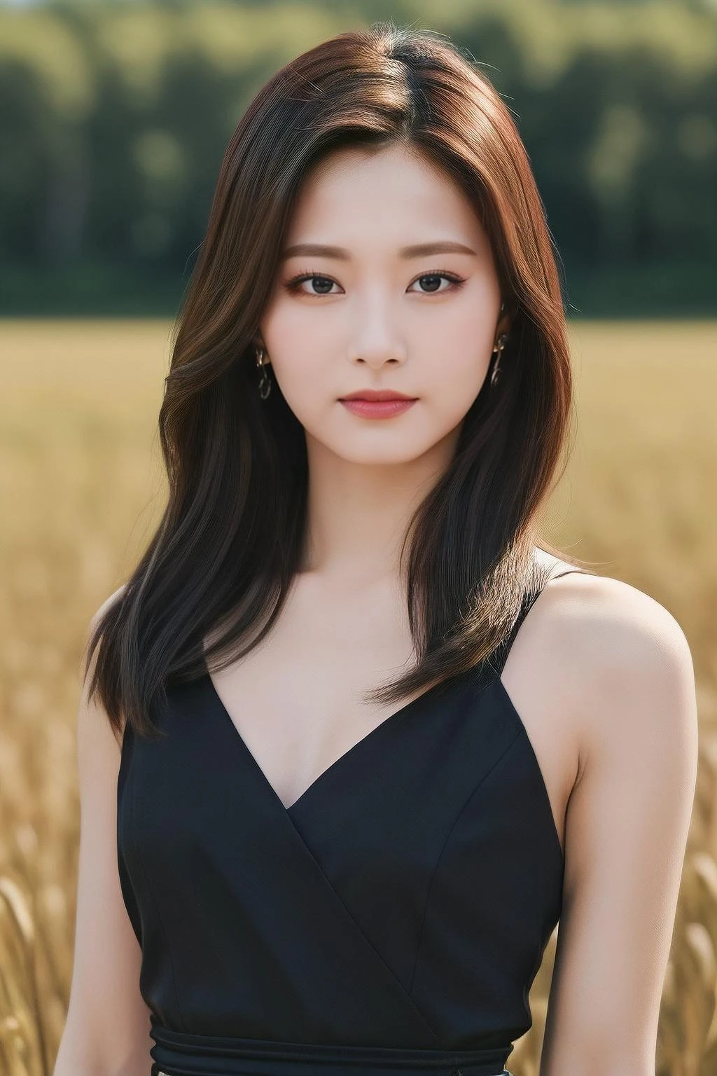 tzuyu1, a woman, (realistic), (hyperrealism), (photorealistic), depth of field, eye makeup:0.8, (upper body:1.2), (narrow waist), looking at the viewer, black dress, at the field, 