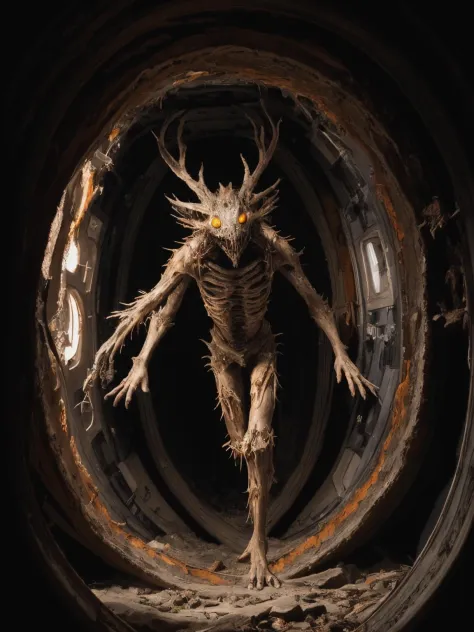 ((Best quality)), ((masterpiece)): A majestic, intricately detailed BREAK: An otherworldly creature with twisted limbs and multiple eyes emerges from the depths of a decaying spacecraft, exuding a sense of unearthly horror. 