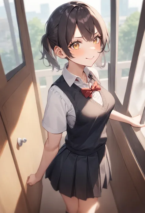 anime girl in school uniform standing by window with open door