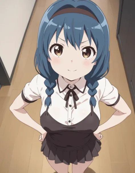 anime girl with blue hair and black skirt standing in a hallway